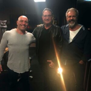 Joe Rogan, Neil Riordan, and Mel Gibson after an interview